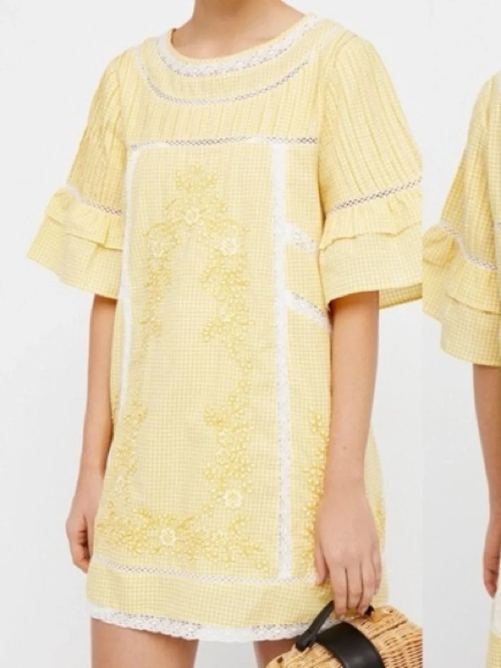 FREE PEOPLE Sunny Day Yellow Gingham Cotton Lace Dress Medium - Picture 1 of 10